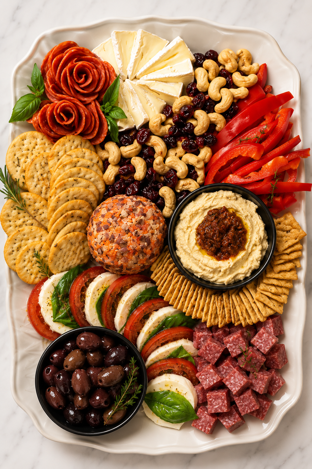 Elegant charcuterie and appetizer board with meats, cheeses, and accompaniments