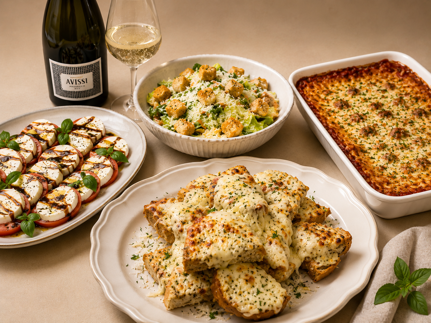 Elegant Italian catering spread with lasagna, caprese, and Caesar salad