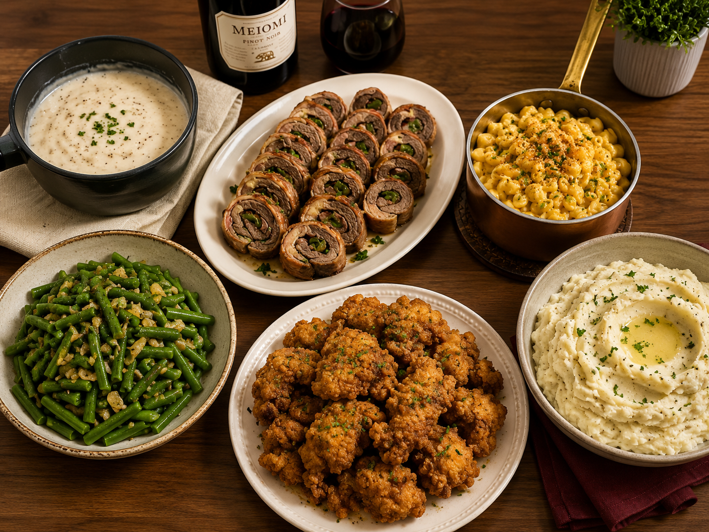 Southern comfort catering spread with beef roulades, mac and cheese, and sides