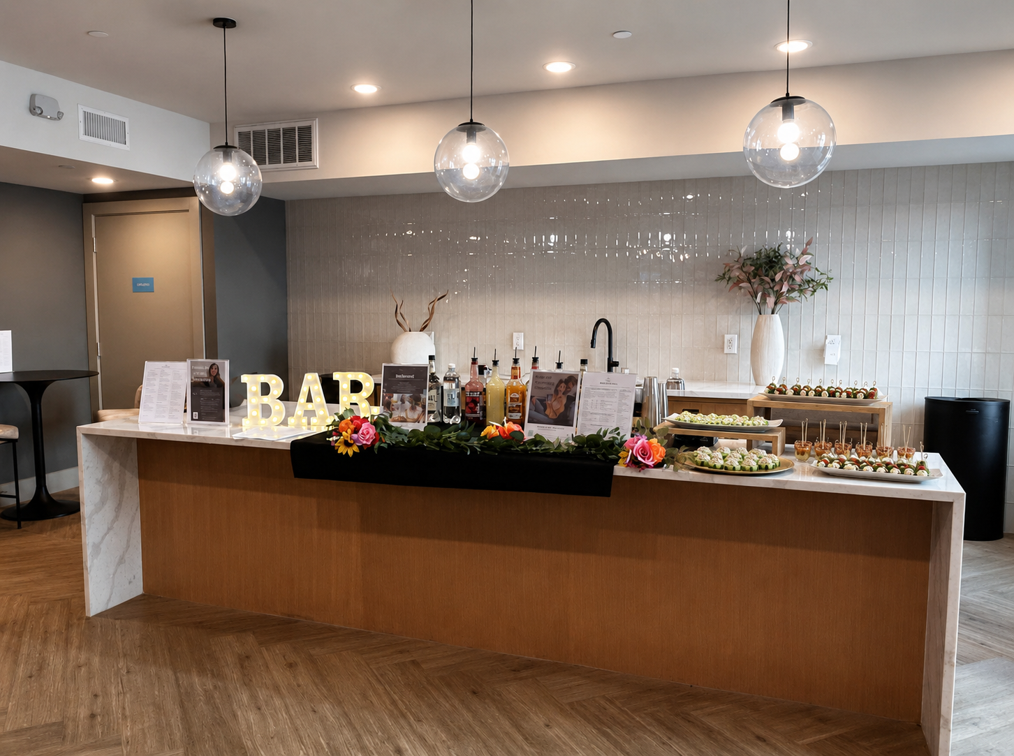 Elegant indoor bar setup for a corporate or private event