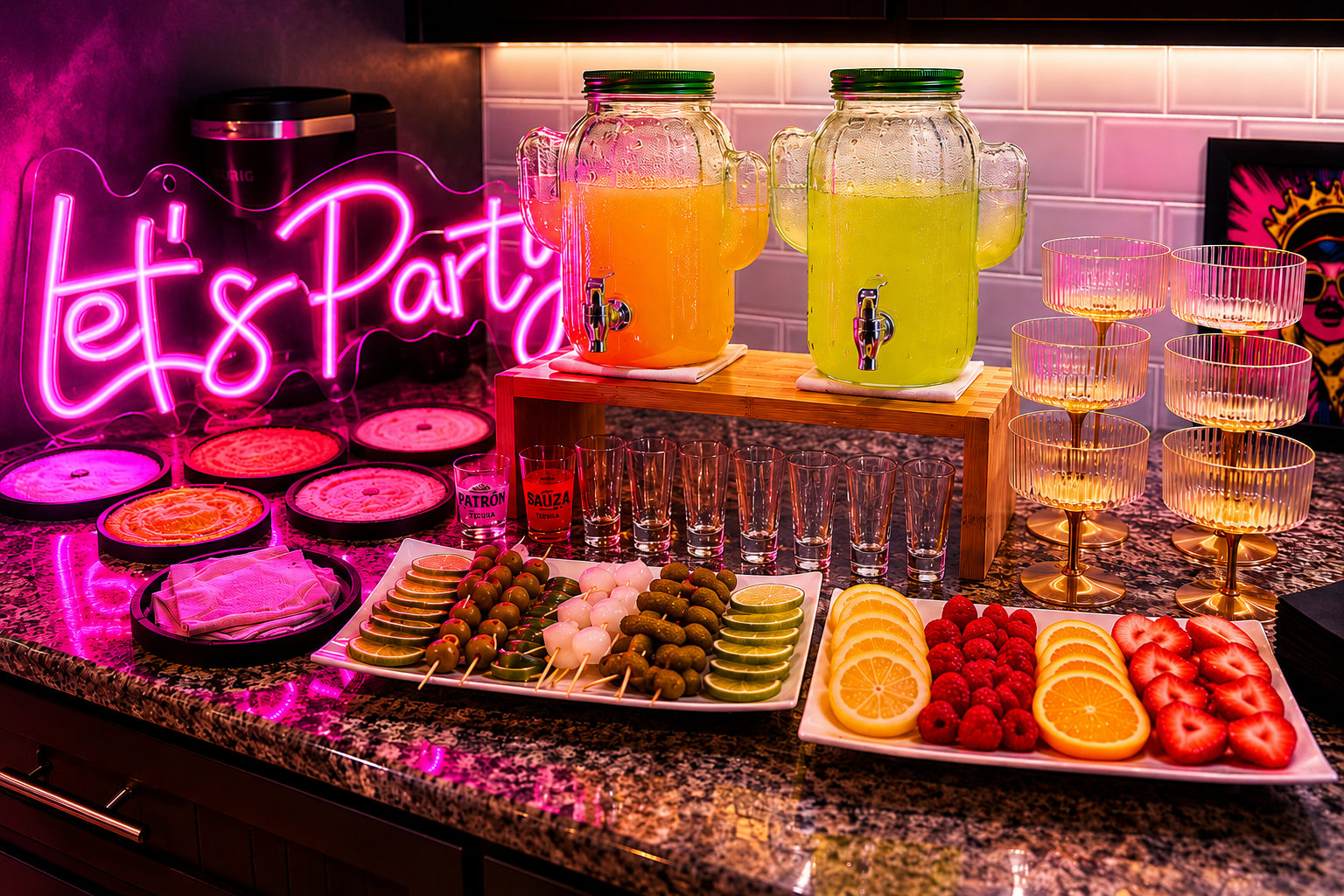 Vibrant neon-lit party bar setup for a private event