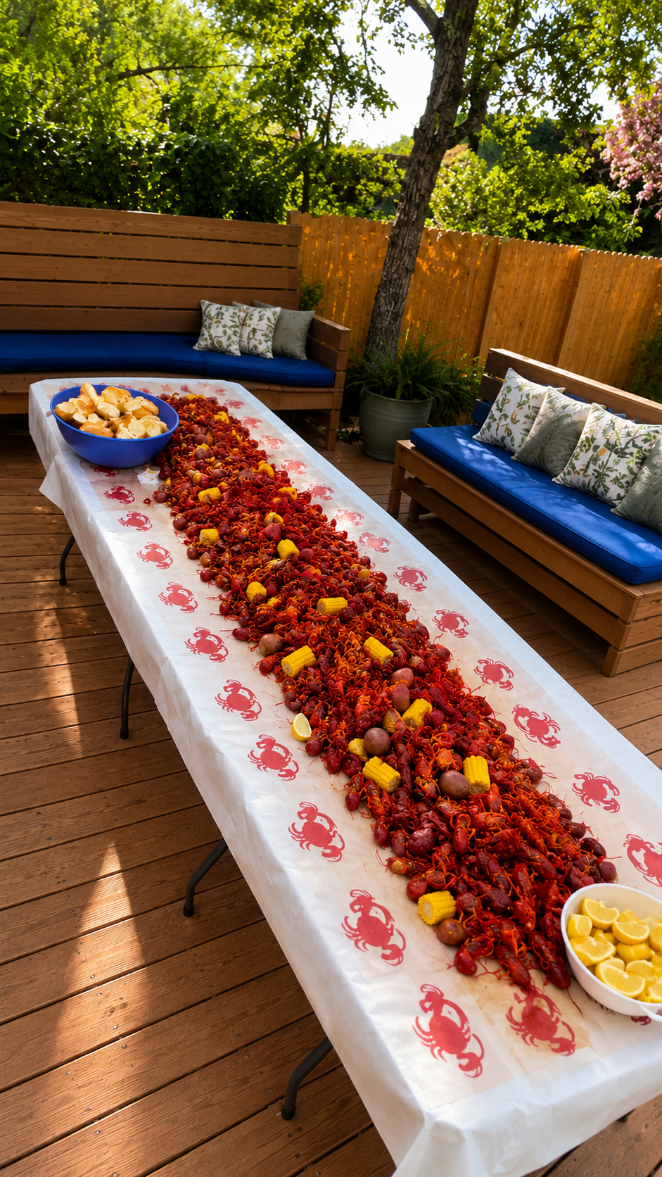 Backyard crawfish boil private party with outdoor deck setup